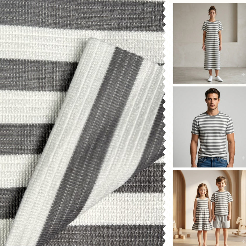Grey White Stripe Knit Fabric by Yard, Poly Spandex Stretch Classic Line Material GF 70