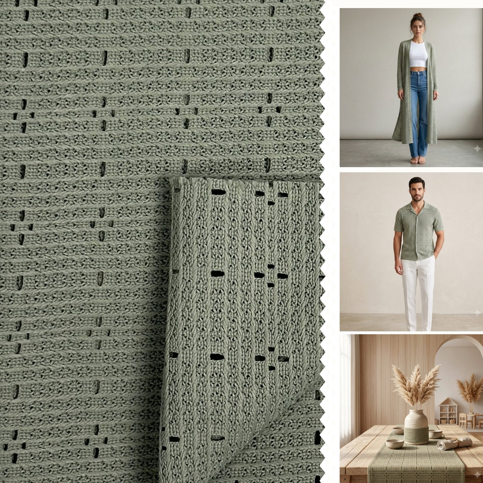 Sage Green Kwity Knit Fabric by Yard, Textured Eyelet Openwork Material GF 60