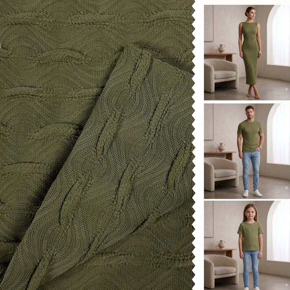 Olive Green Puph Butti Knit Fabric by Yard, Poly Spandex Stretch Raised Cable Texture Material GF 14