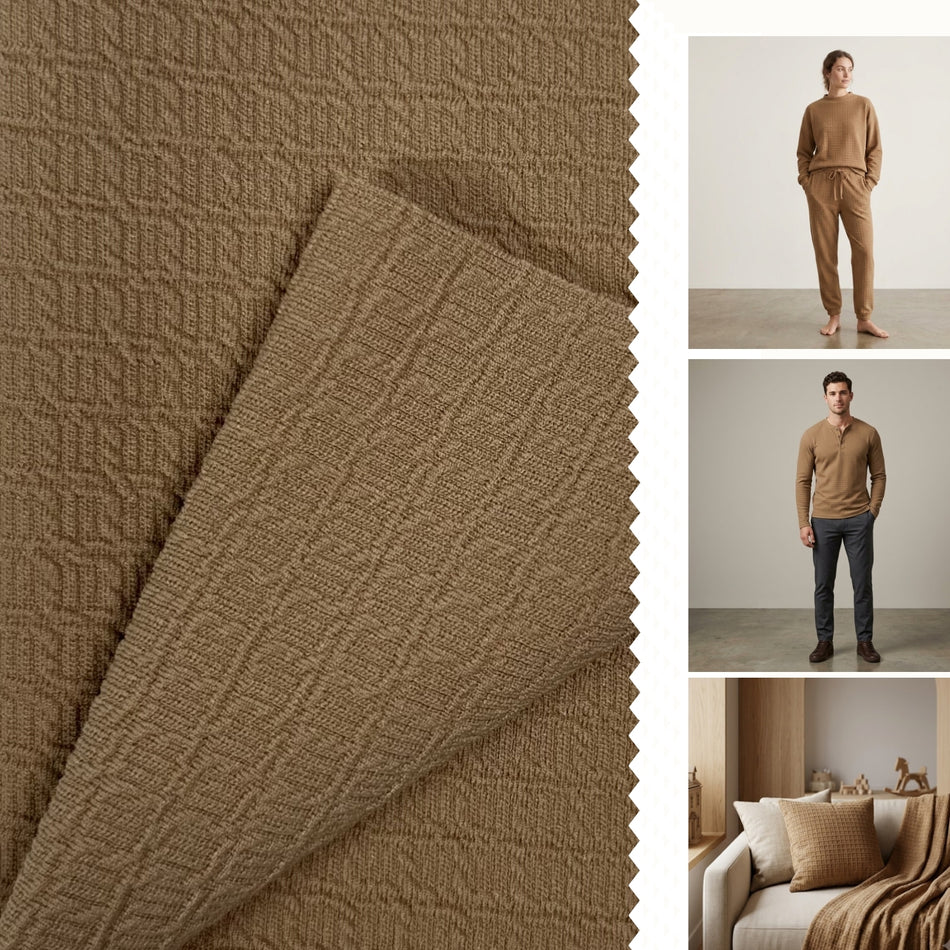 Beige Biscuit Knit Fabric by Yard, Poly Spandex Stretch Textured Ripple Grid Material  GF 67