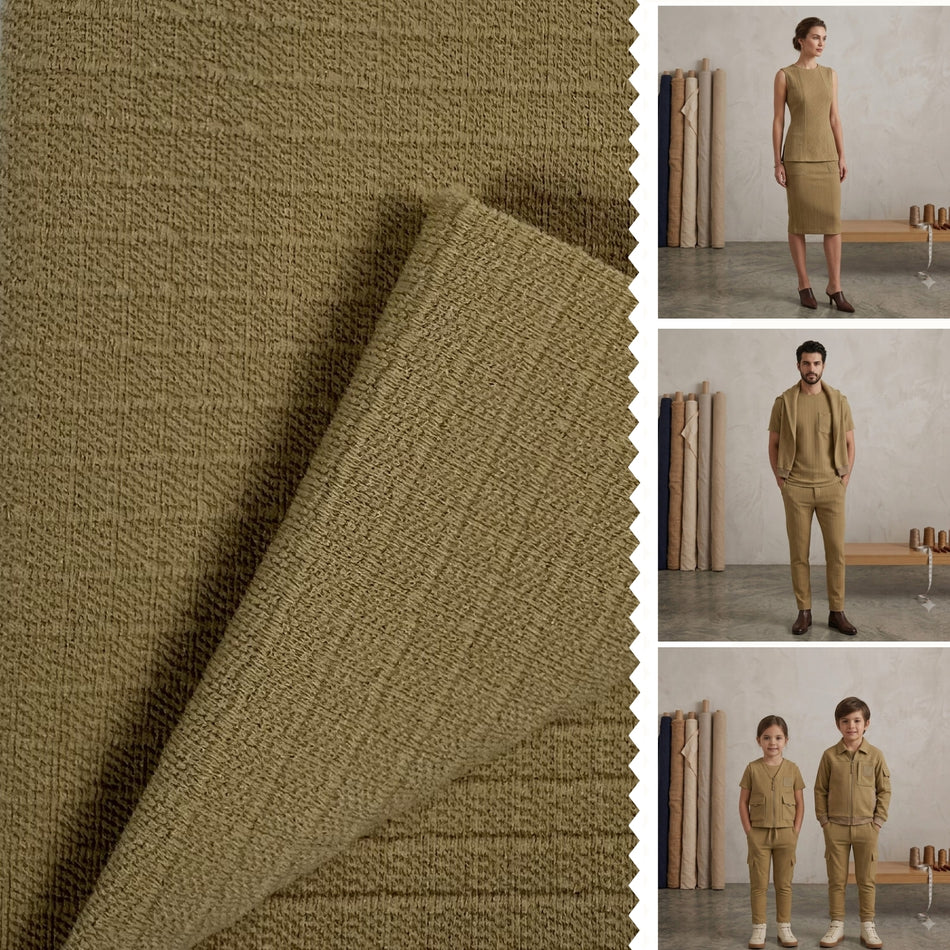 Olive Khaki Hexa Cheks Knit Fabric by Yard, Poly Spandex Stretch Textured Checkered Grid Material GF 12