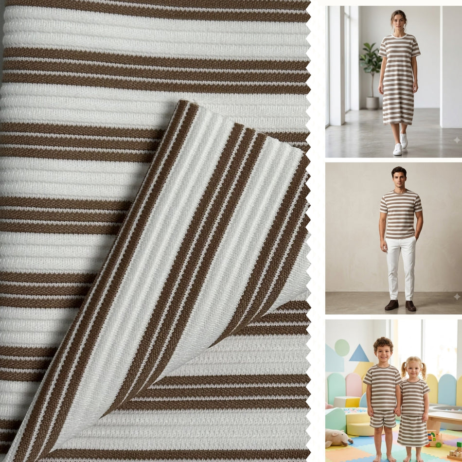 Brown White Striped Corduroy Knit Fabric by Yard, Poly Spandex Stretch Textured Rib Line Material GF 73