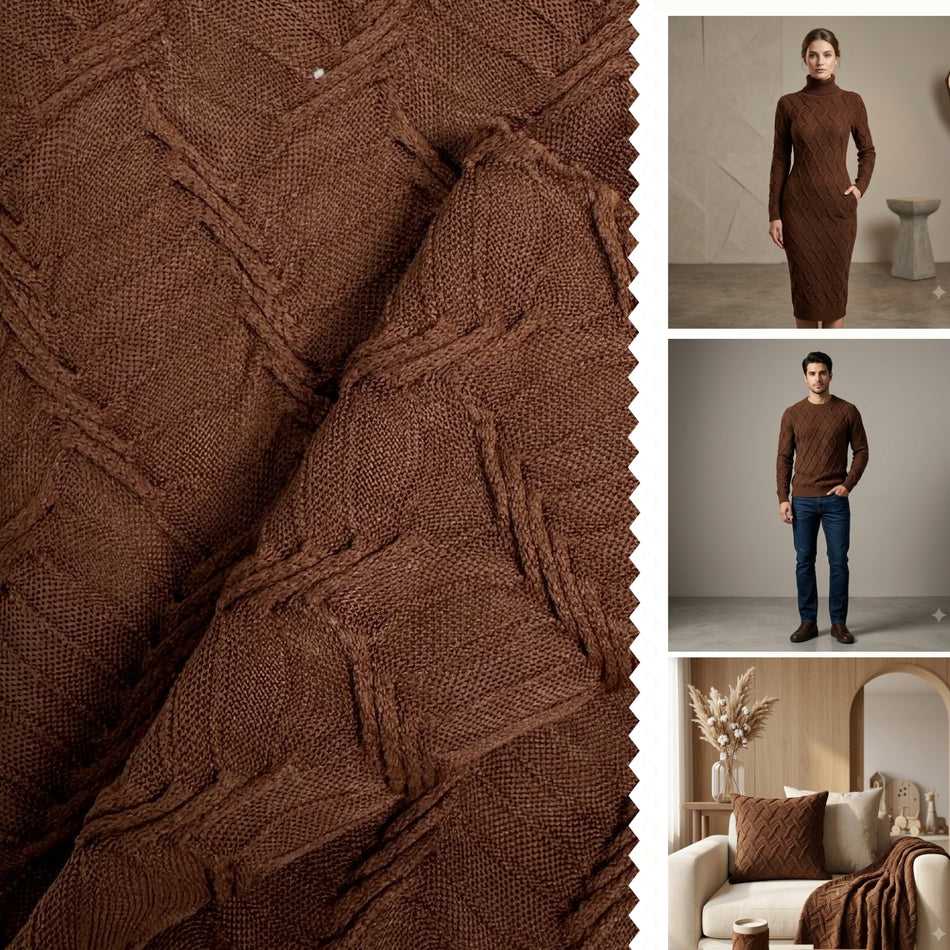 Brown Diamond Knit Fabric by Yard, Poly Spandex Stretch Geometric Harlequin Material  GF 66