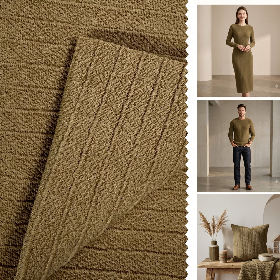 Brown V-Line Textured Knit Fabric by Yard, Poly Spandex Stretch Chevron Herringbone Material- GF 48