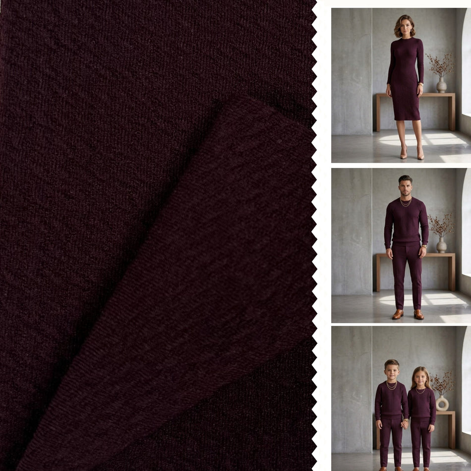 Dark Maroon Karara Textured Knit Fabric by Yard, Poly Spandex Stretch Crinkle Material GF 26