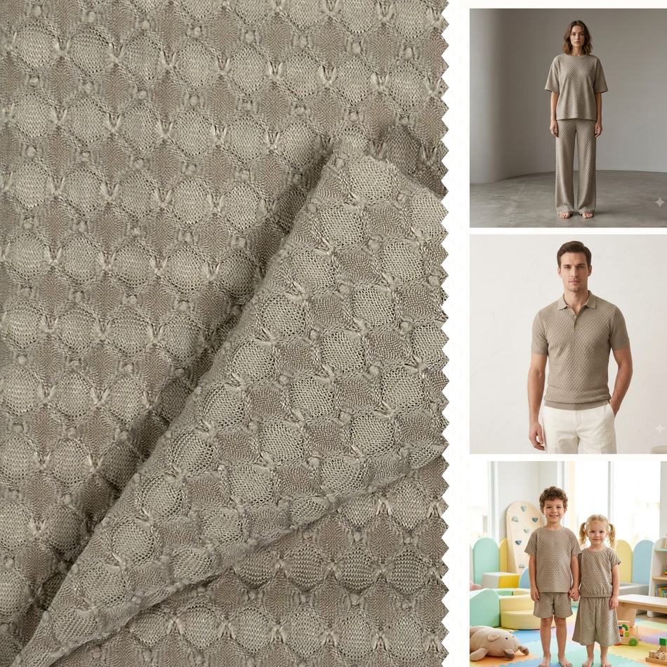 Beige Pogo Knit Fabric by Yard, Poly Spandex Stretch Textured Honeycomb Geometric Material GF 71