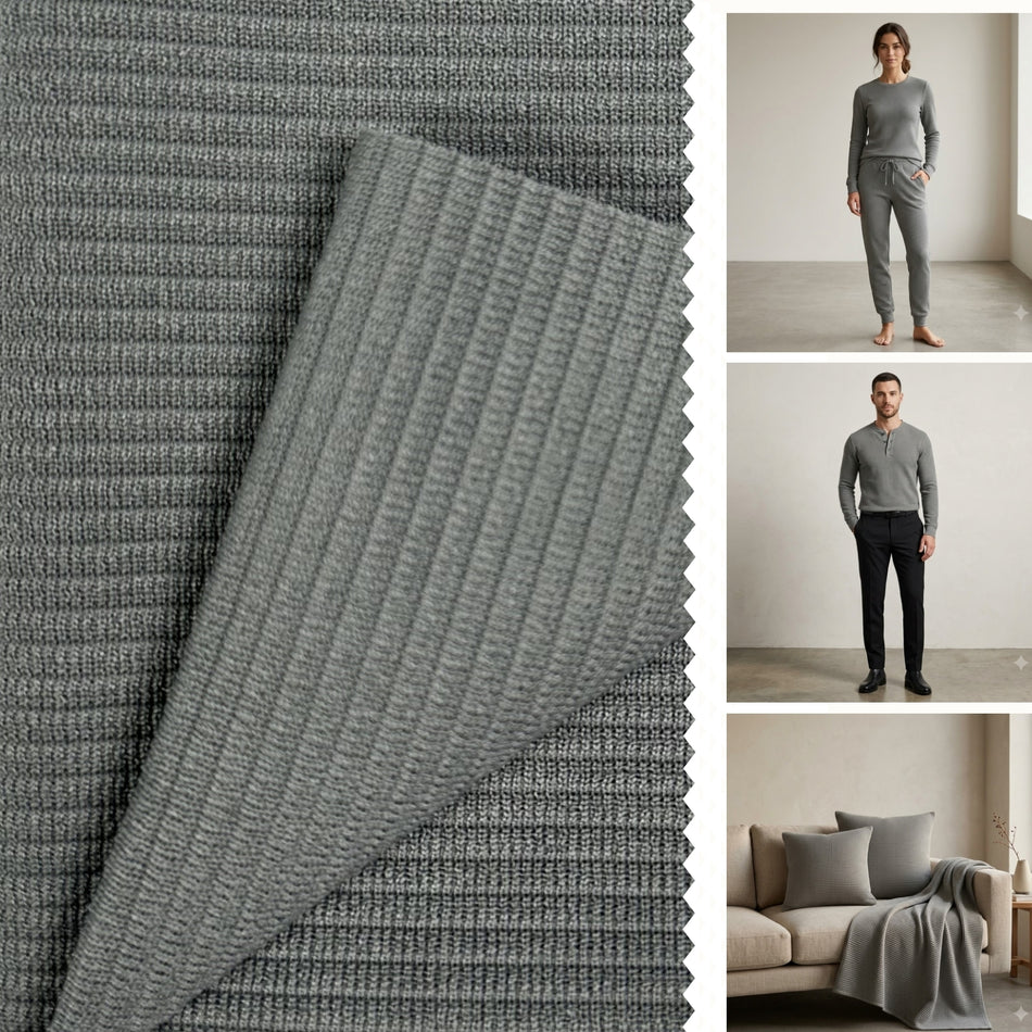 Grey Weffi Rib Knit Fabric by Yard, Poly Spandex Stretch Textured Grid Stripe Material GF 68
