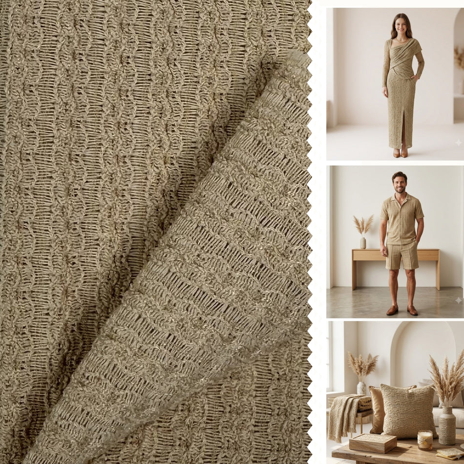 Beige Creator Lace Knit Fabric by Yard, Poly Spandex Stretch Textured Openwork Geometric Material - GF 39