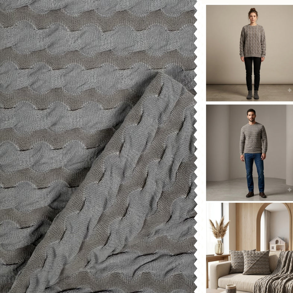 Grey Dungi Wave Knit Fabric by Yard, Poly Spandex Stretch Textured Ripple Material  GF 65