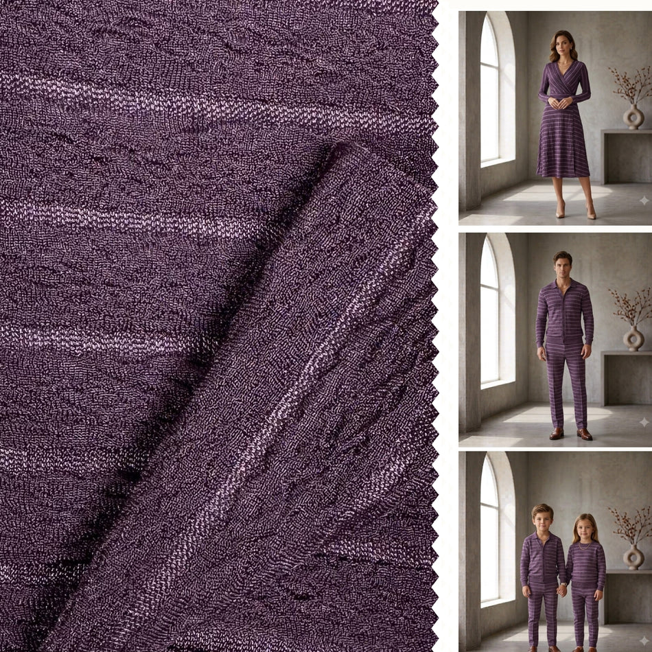 Dark Purple Crinkle Stripe Knit Fabric by Yard, Poly Spandex Stretch Textured Ribbon Rib Material GF 25