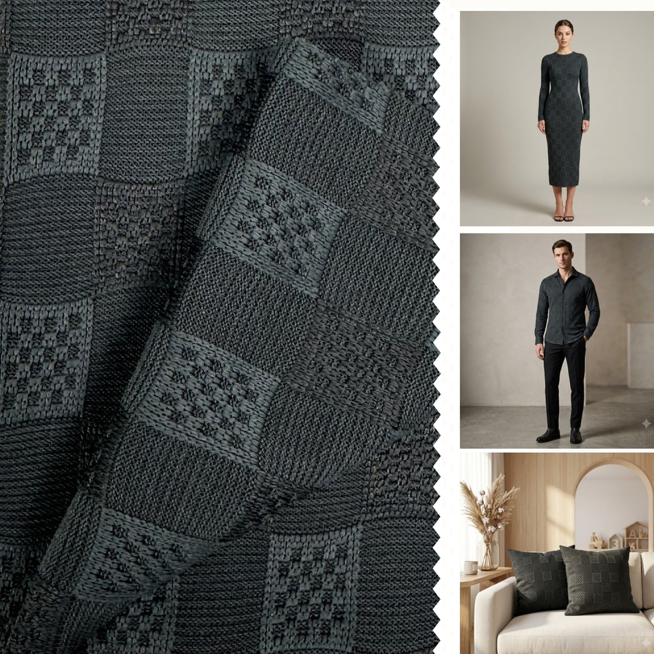 Black Box Jacquard Knit Fabric by Yard, Poly Spandex Stretch Geometric Grid Material GF  64