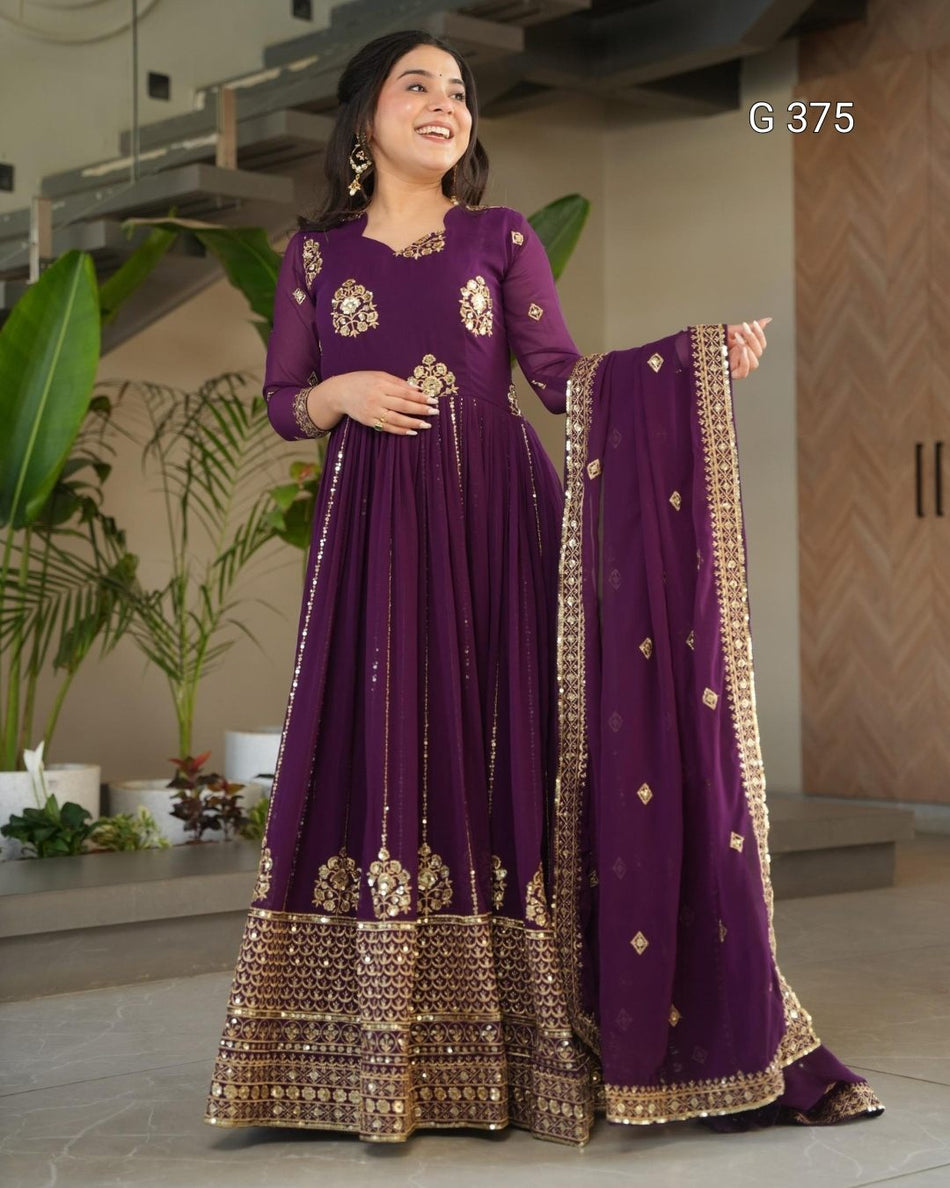 Faux Blooming Gown with Zari & Sequins Embroidery – G 375  Purple