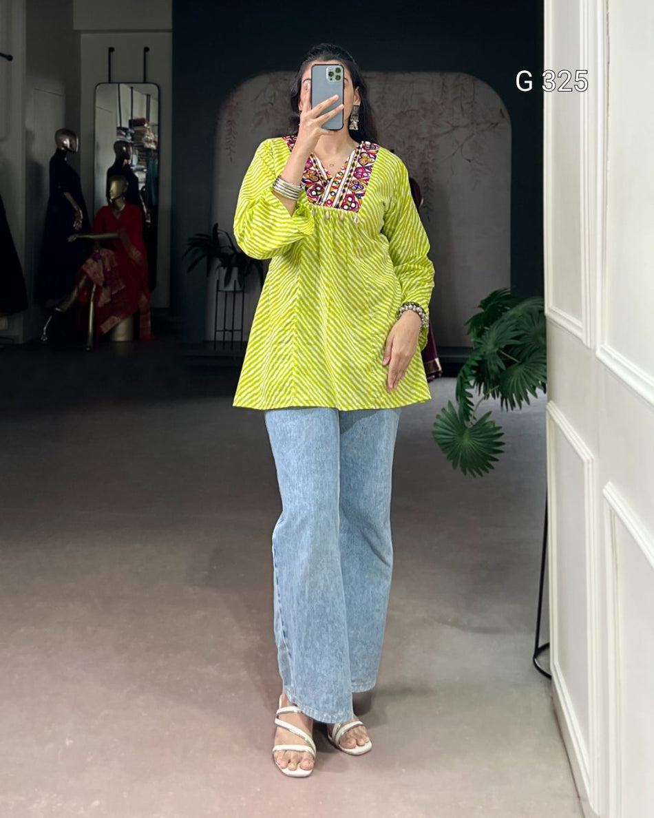 Leheriya Cotton Tunic Top with Mirror Gamthi Work – G325