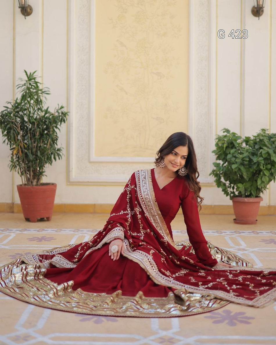 Faux Blooming Embroidered Gown with Sequins Dupatta – G 423