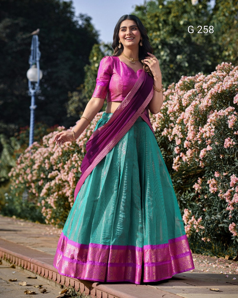 Zari Weaving Kanchipuram Lehenga with Lace Border – G 258