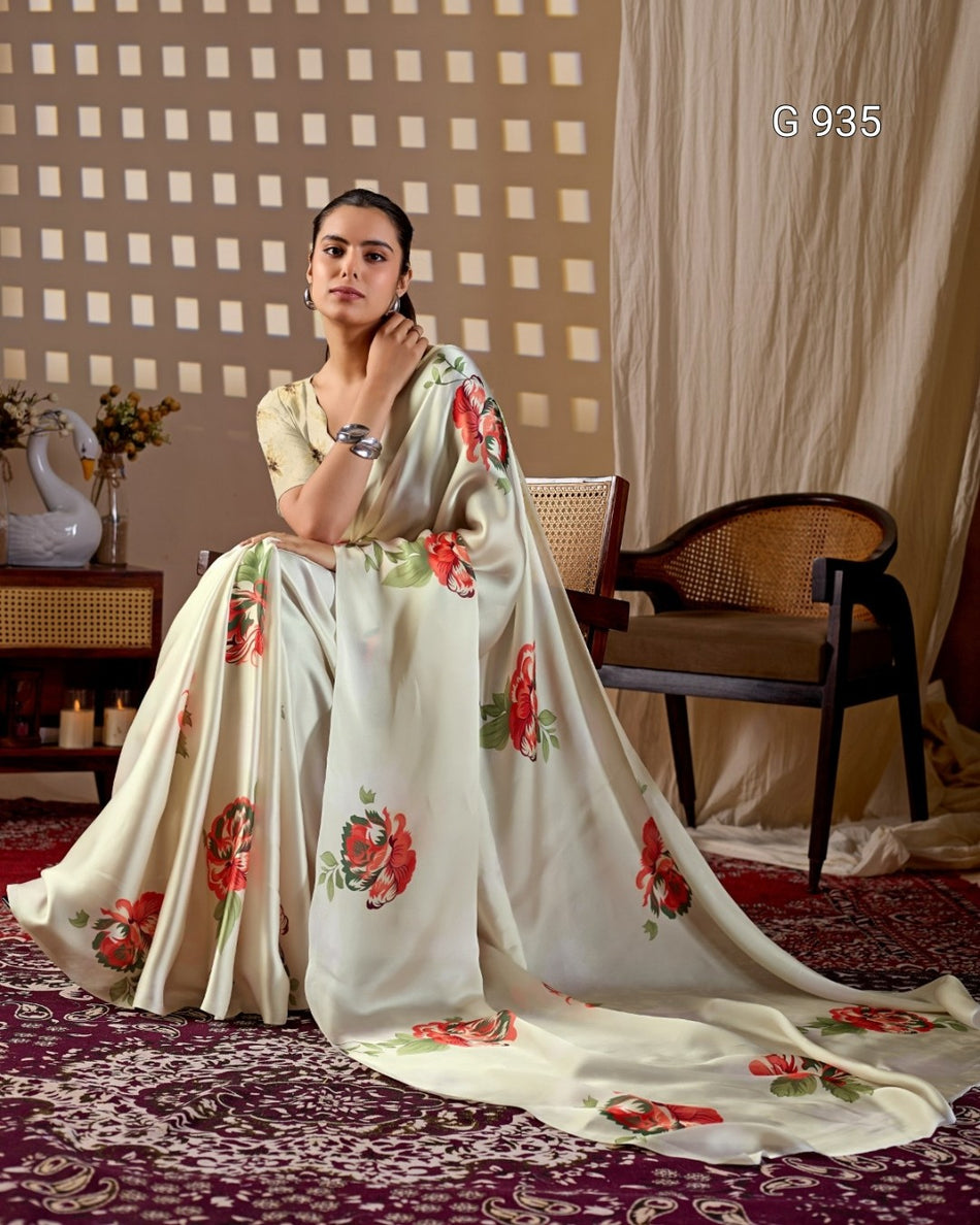 Soft Satin Georgette Floral Print Saree - G 935