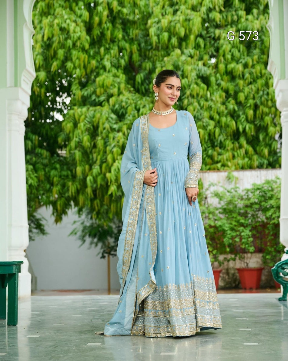Faux Georgette Gown with Embroidered Dupatta - G 573