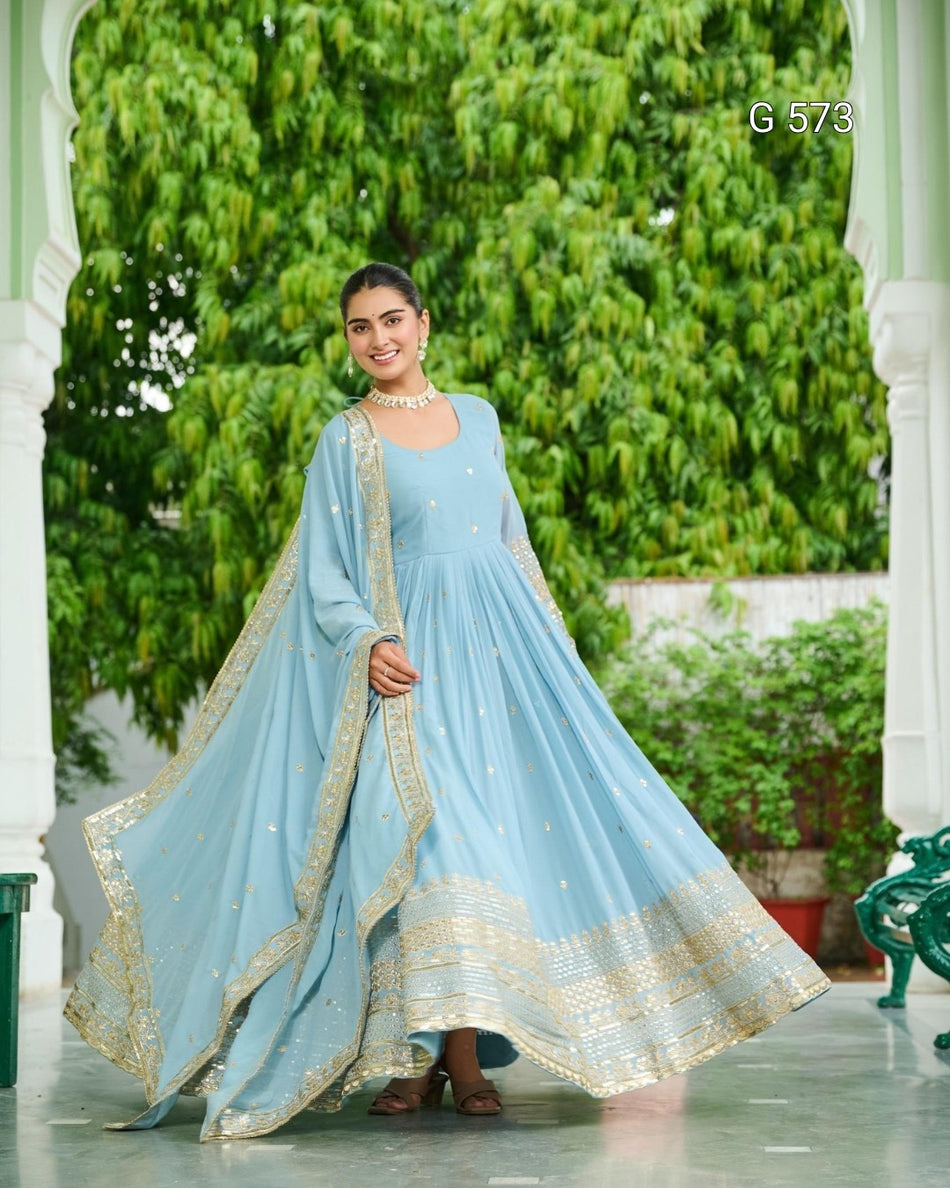 Faux Georgette Gown with Embroidered Dupatta - G 573