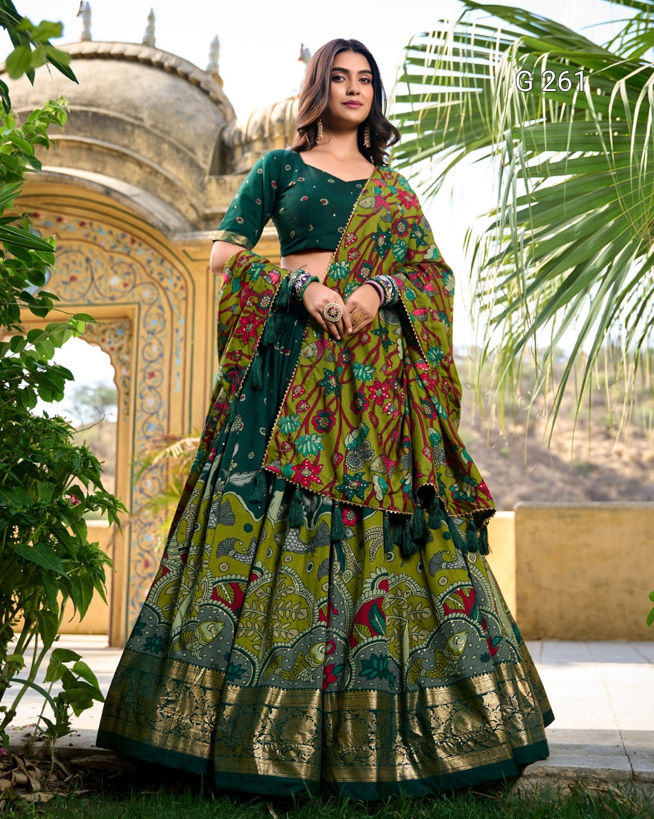 Kalamkari Print Tasar Silk Lehenga with Foil Work Border – G 261