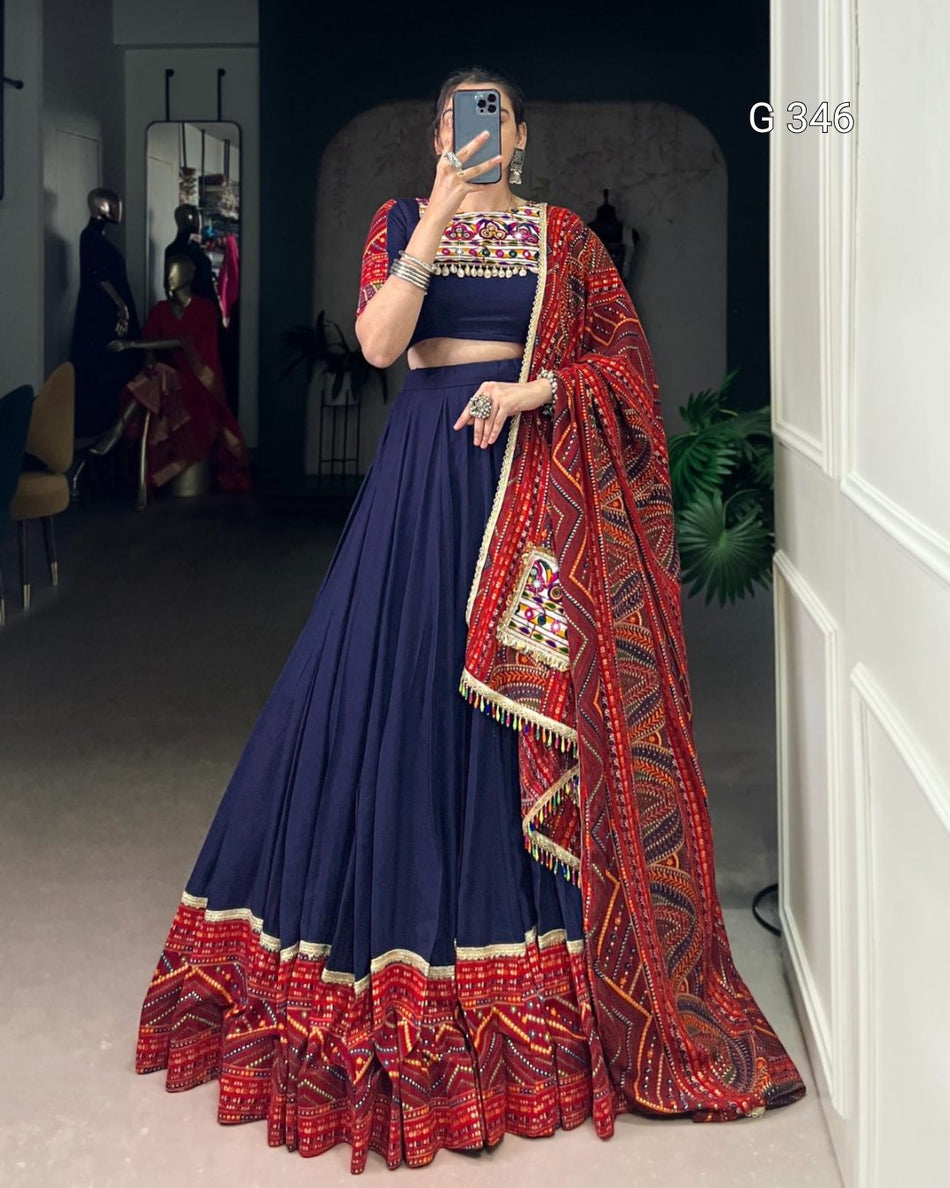 Navy Blue Pure Rayon Lehenga with Bandhej Print & Foil Work - G346