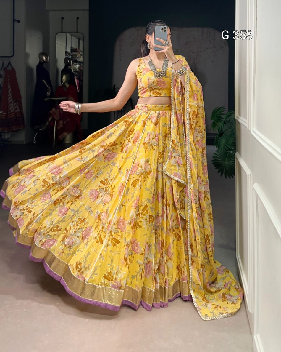 Chiffon Lehenga with Floral & Foil Print – Stitched Set - G353