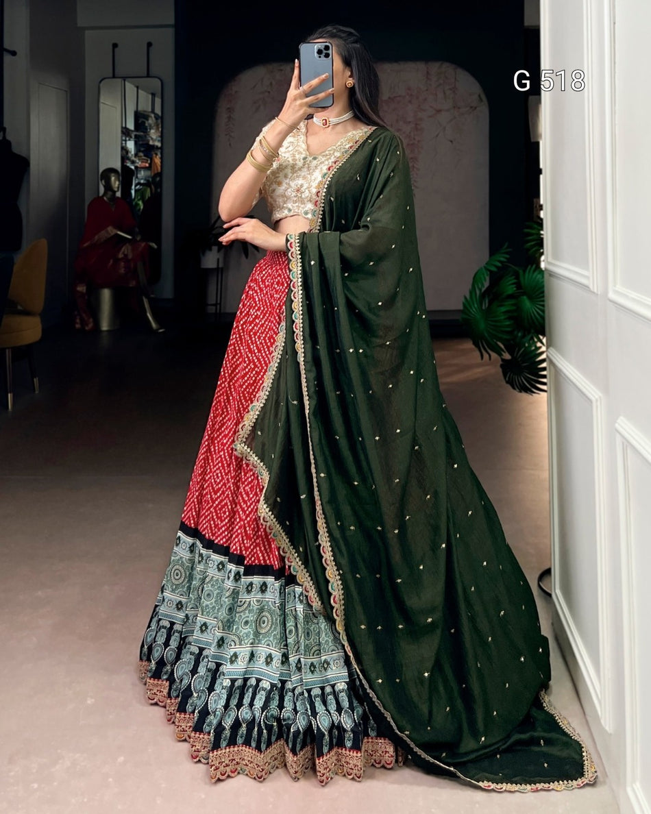 Elegant Bandhej Ajrakh Lehenga with Thread Embroidery - G 518