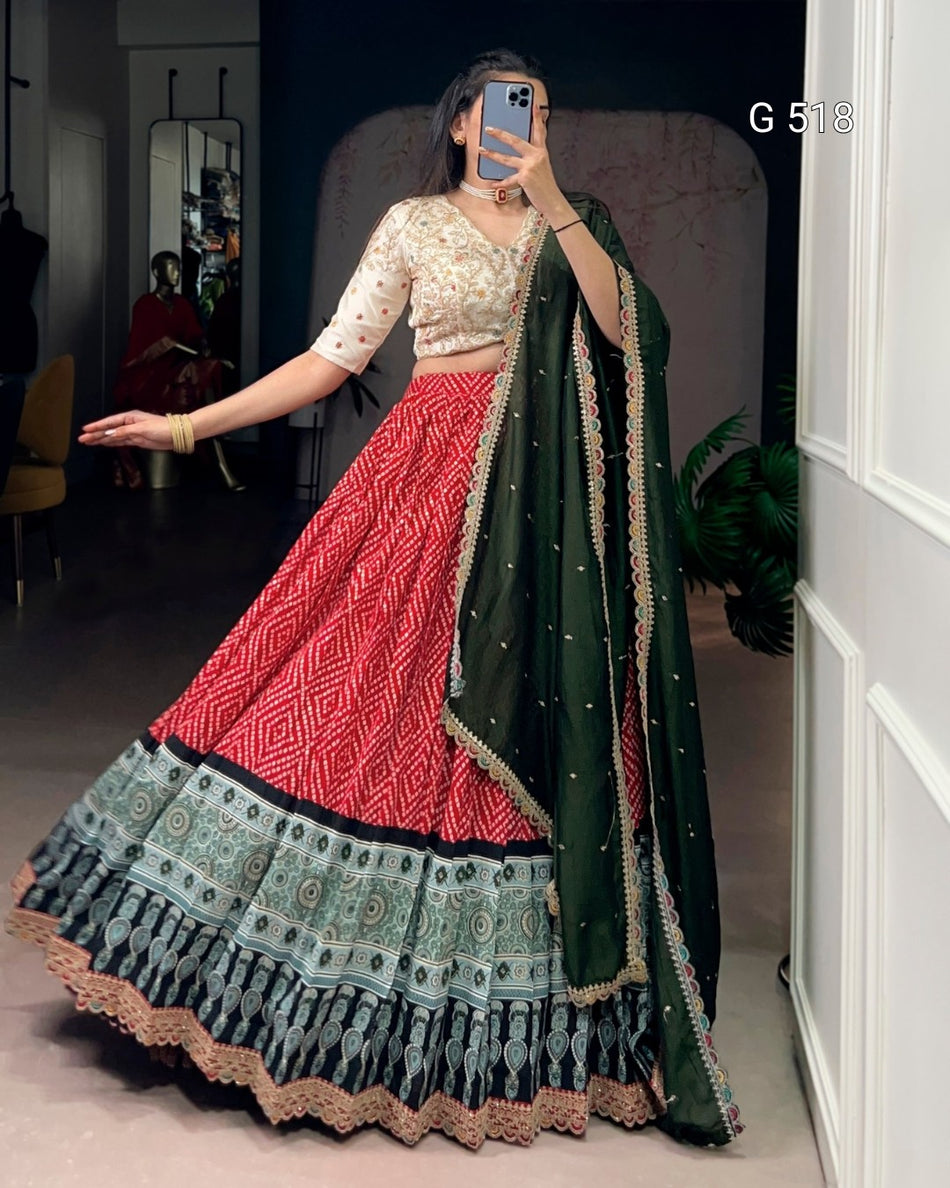 Elegant Bandhej Ajrakh Lehenga with Thread Embroidery - G 518