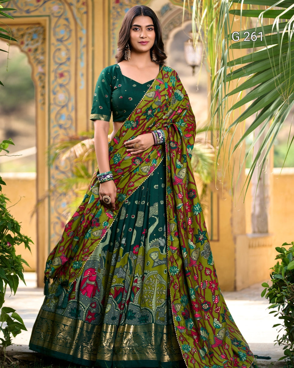 Kalamkari Print Tasar Silk Lehenga with Foil Work Border – G 261