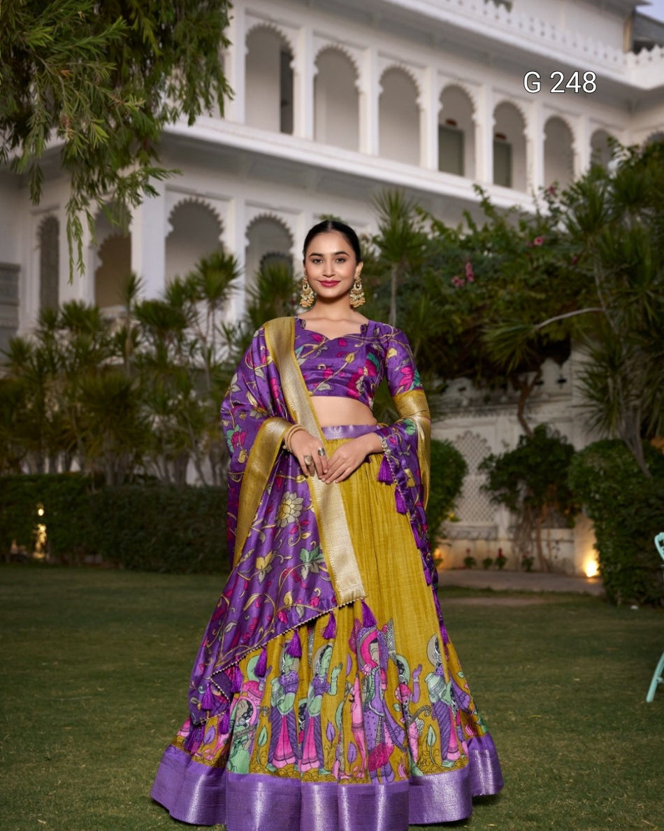 Kalamkari Printed Dola Silk Lehenga with Zari Weaving Border – G 248