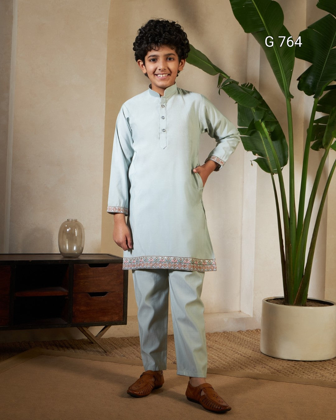 Young boy in a light blue kurta standing in a room with a plant and wooden cabinet.