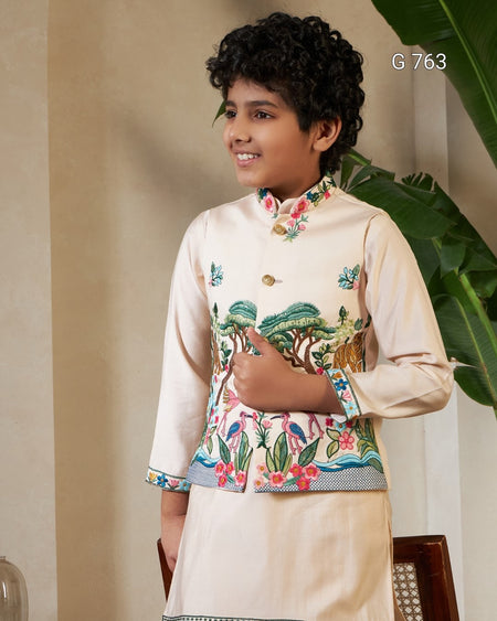 Child wearing a traditional embroidered outfit with a decorative background