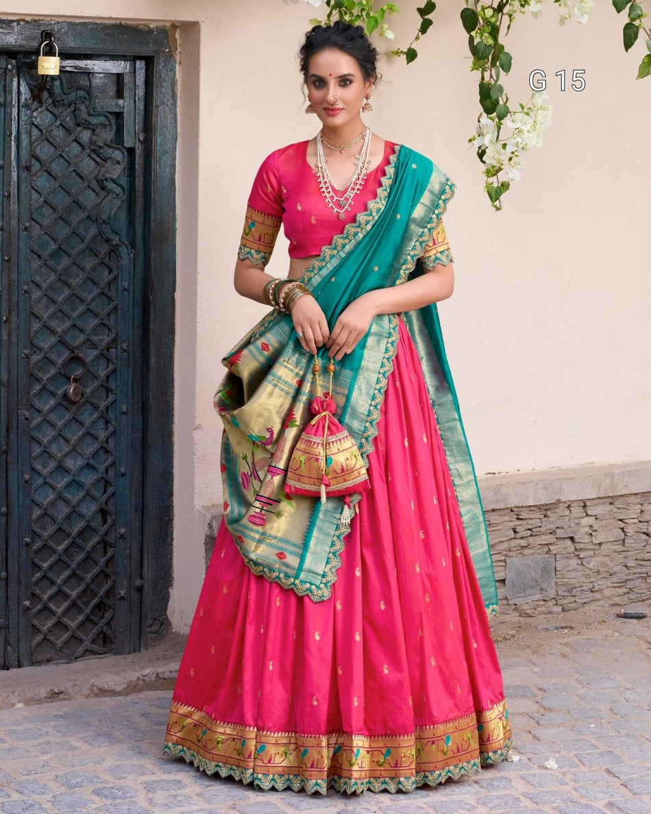 Pink Jacquard Silk Lehenga with Zari Weaving & Sequins Work – G 15