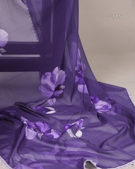Purple fabric with floral patterns on a neutral background