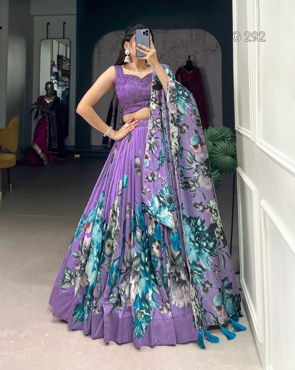 Floral Print Tasar Silk Lehenga with Lace Touch Up & Gotta Patti Dupatta – G 292