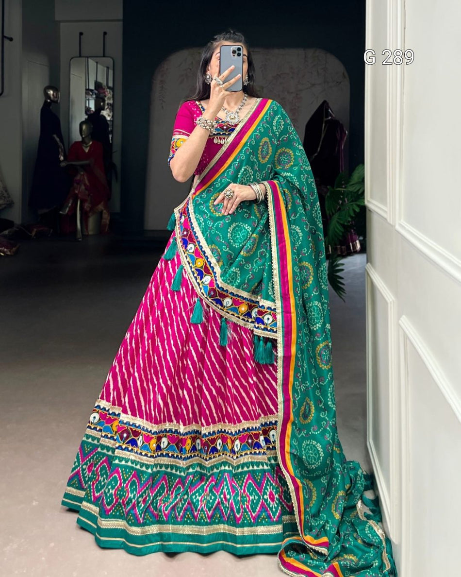 Leheriya Tussar Silk Lehenga with Patola Print Border & Mirror Gamthi Work – G 289