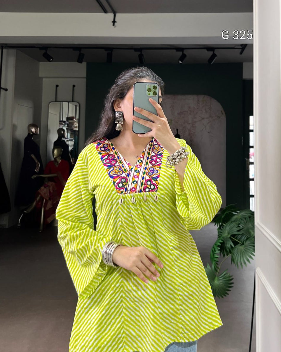 Leheriya Cotton Tunic Top with Mirror Gamthi Work – G325