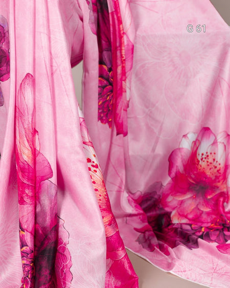 Close-up of a pink floral fabric with a blurred background