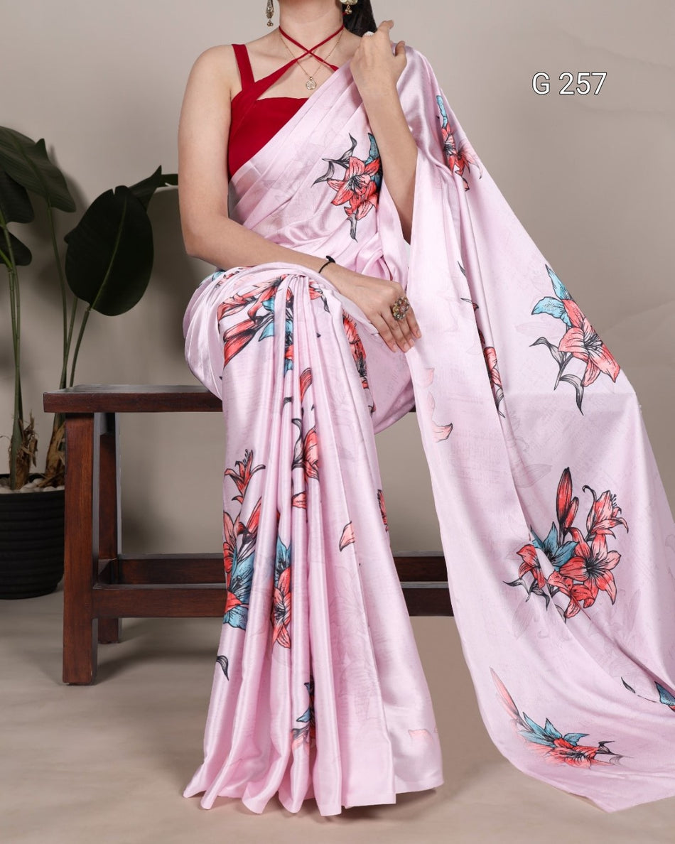 Floral Printed Satin Silk Saree – G 257