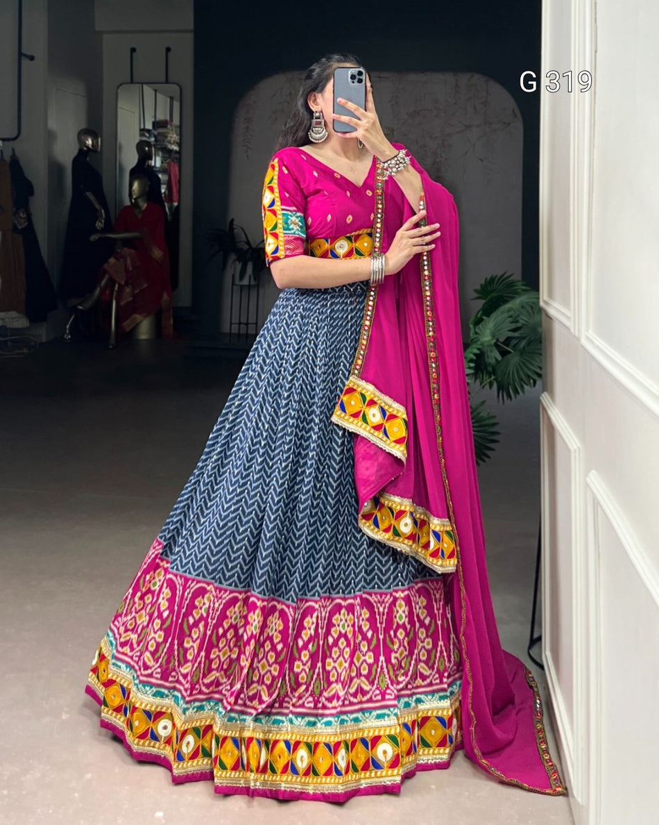 Tasar Silk Lehenga with Foil & Real Mirror Gamthi Work – G319