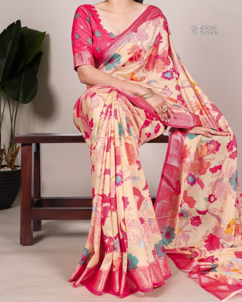 Tussar Silk Saree with Viscose Border & Printed Work – G322