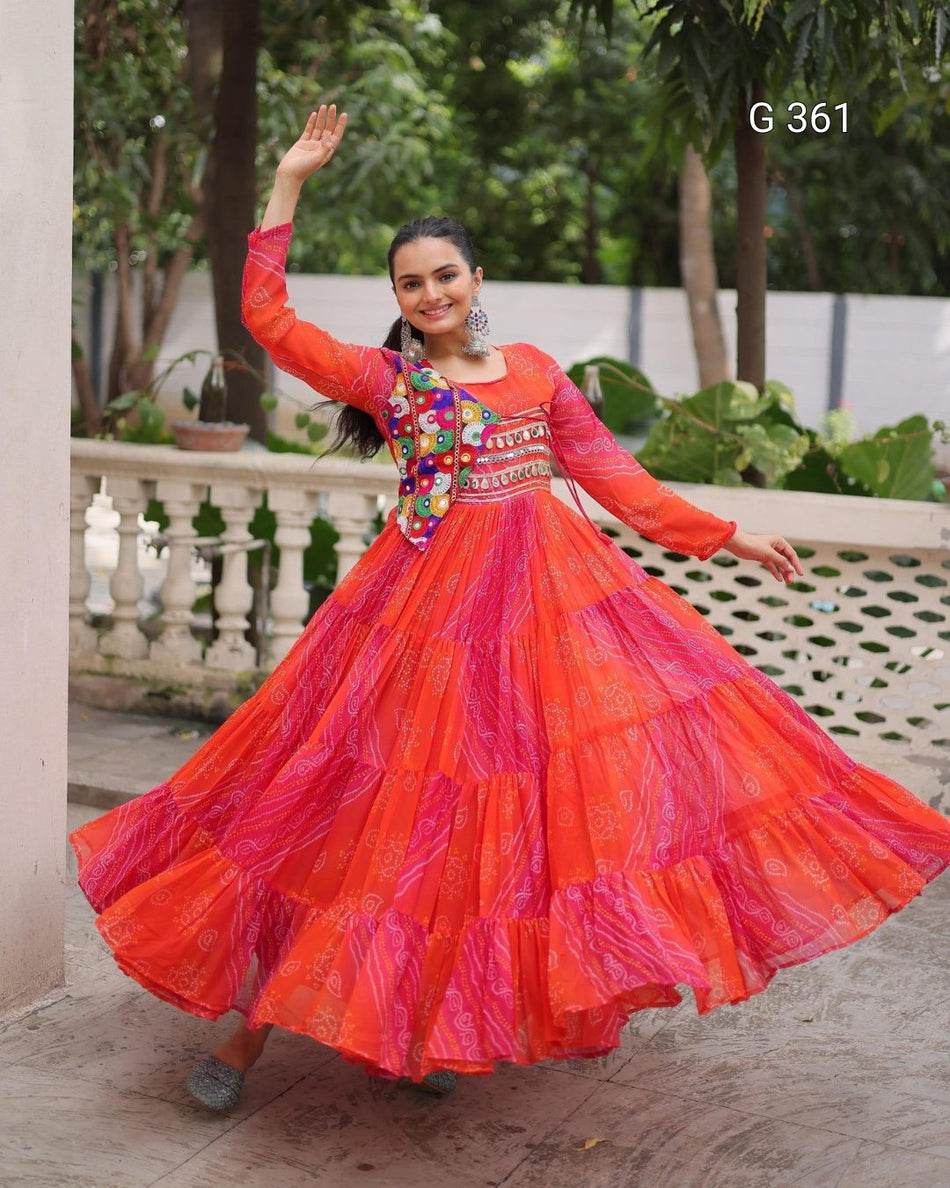Faux Georgette Gown with Laheriya & Bandhej Print – G 361