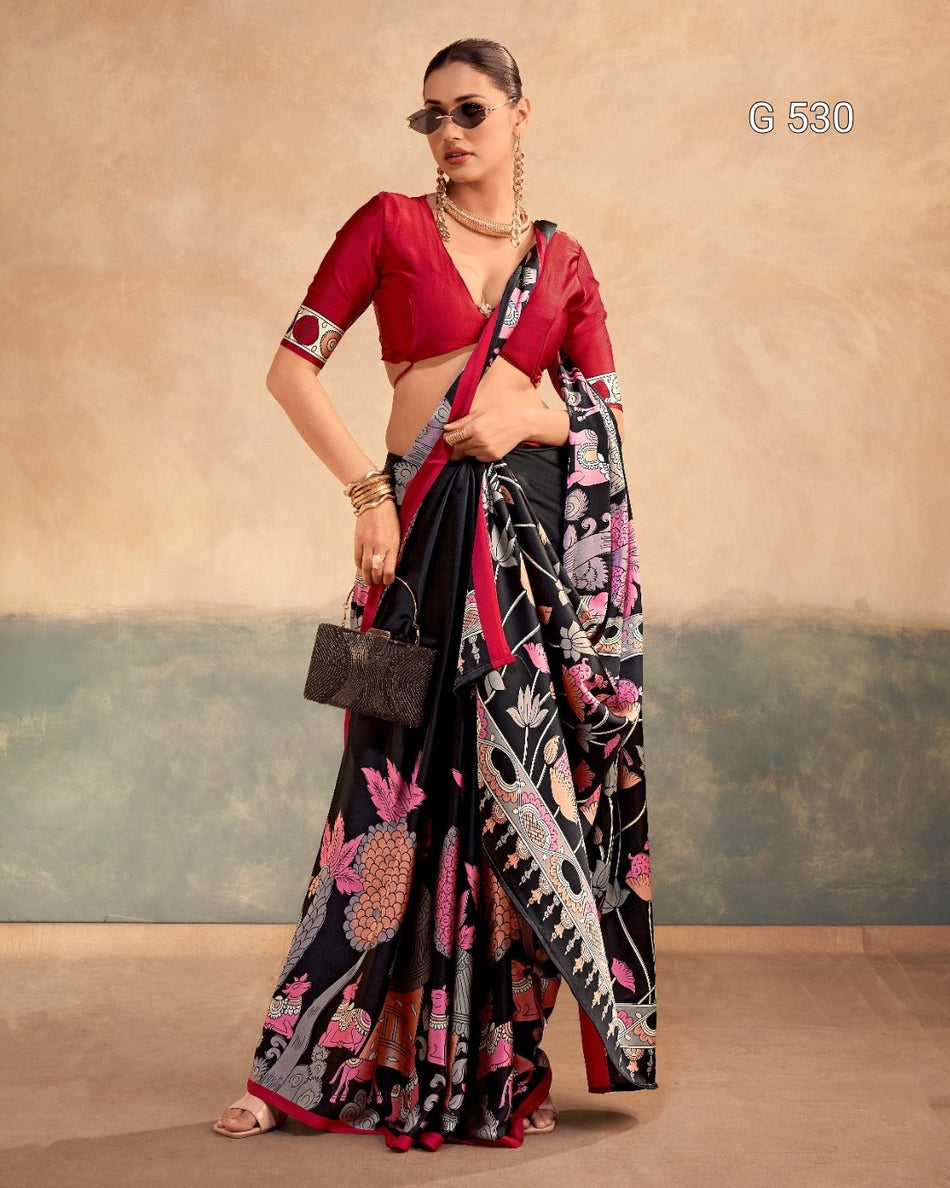 Stylish Kalamkari Satin Sarees with Timeless Appeal -  G 530