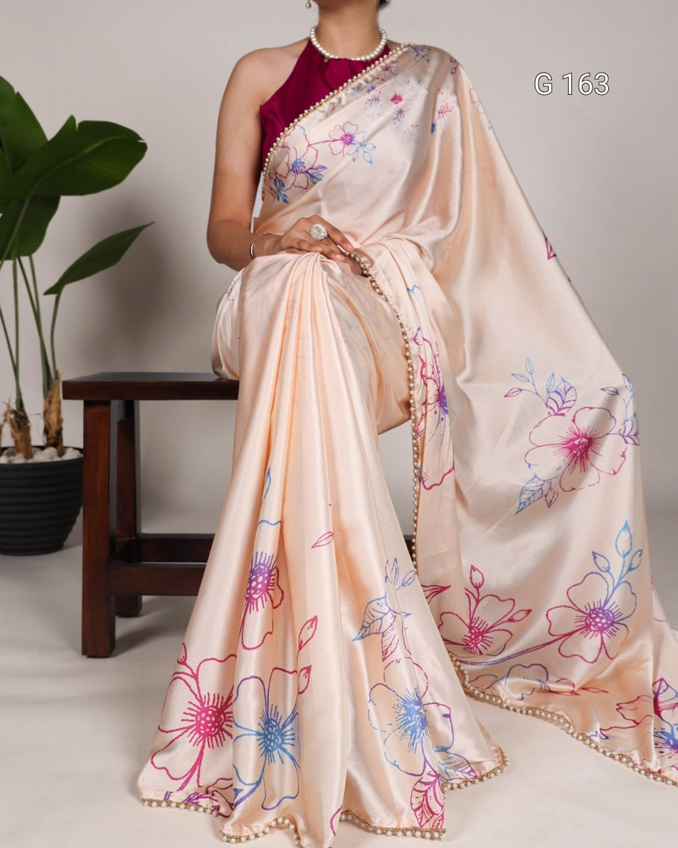 Peach Satin Silk Saree with Floral Print & Pearl Lace Border-G 163