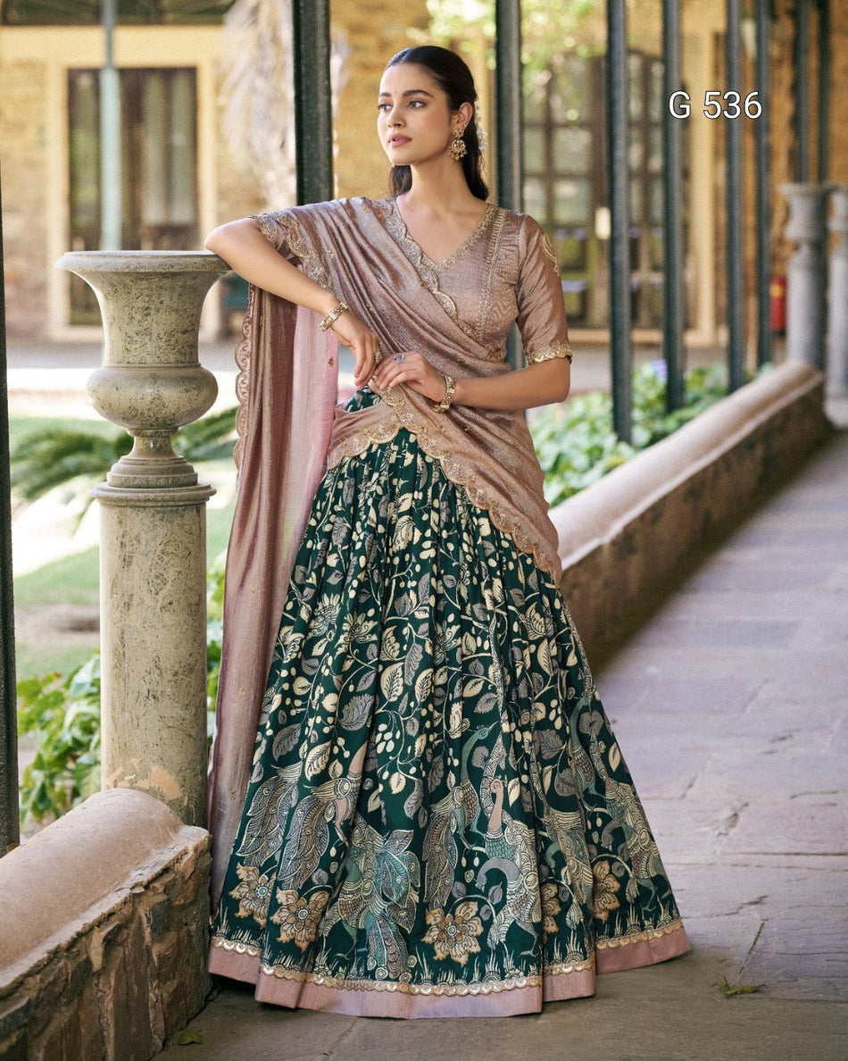 Kalamkari Tasar Silk Lehenga with Embroidered Dupatta - G 536
