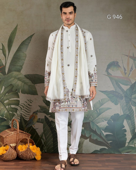 Man wearing a traditional white kurta with embroidery against a decorative wall.