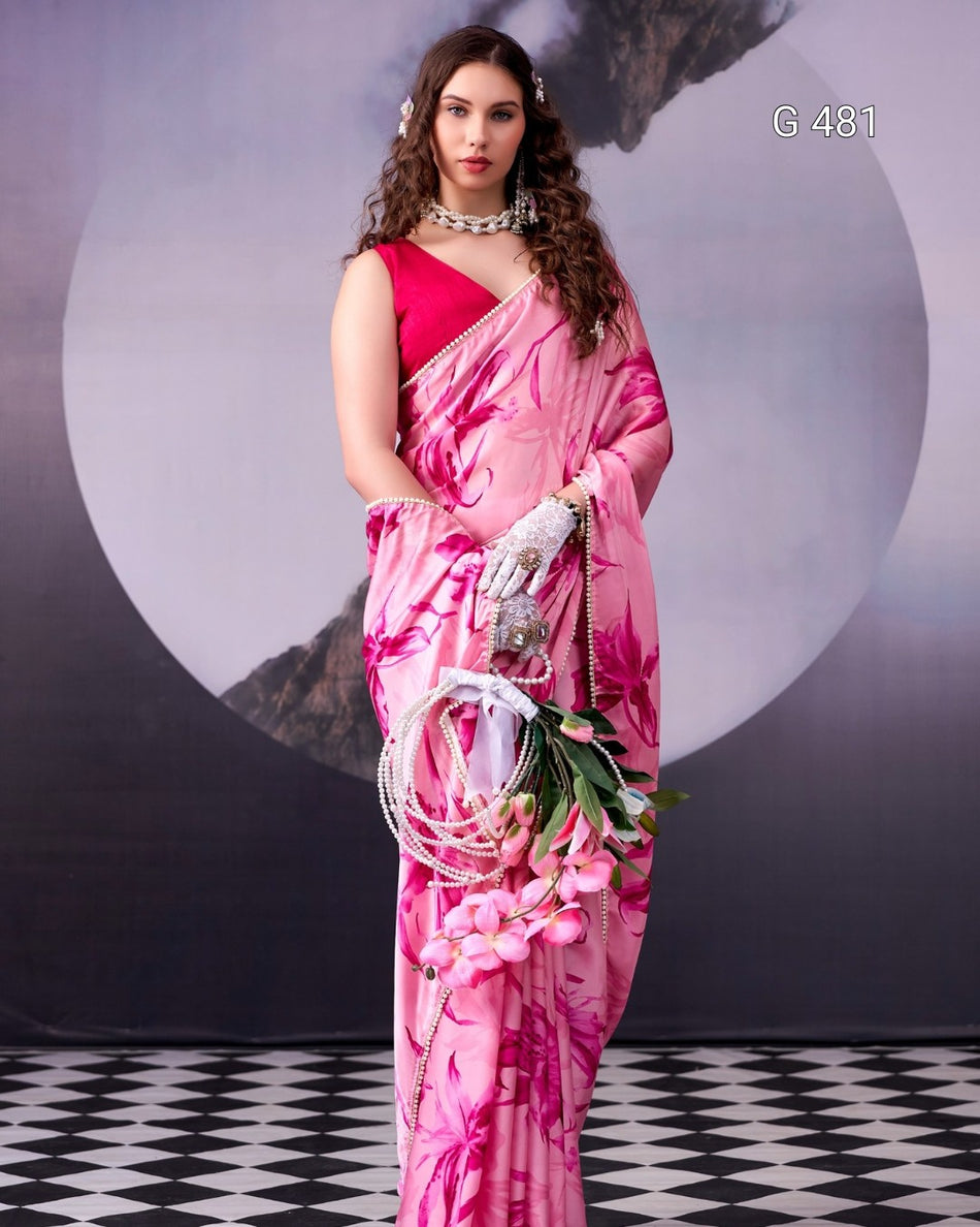 Premium Satin Sarees with Delicate Pearl Border - G 481