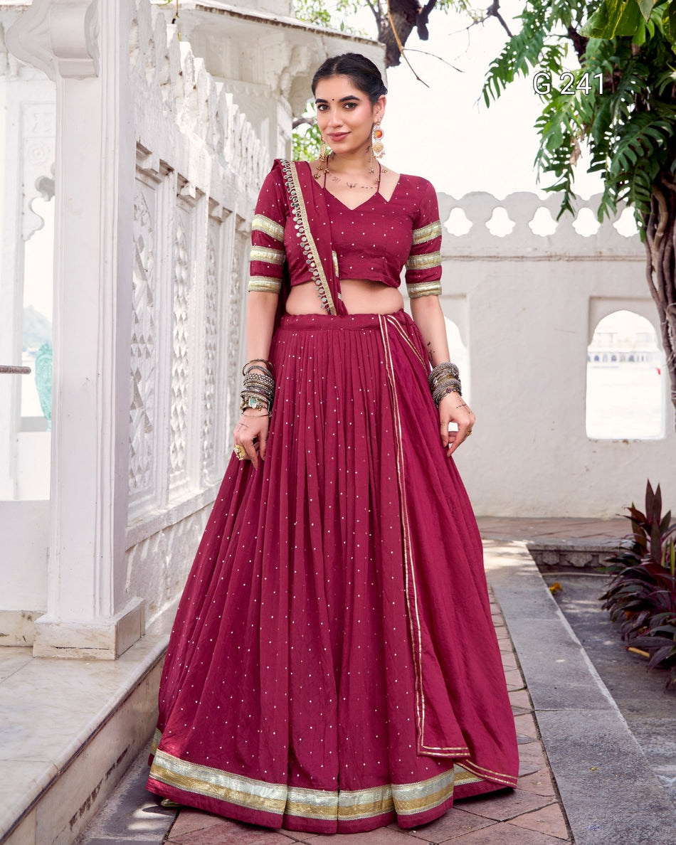 Zari Weaving Pure Chanderi Lehenga with Embossed Design Lace – G 241