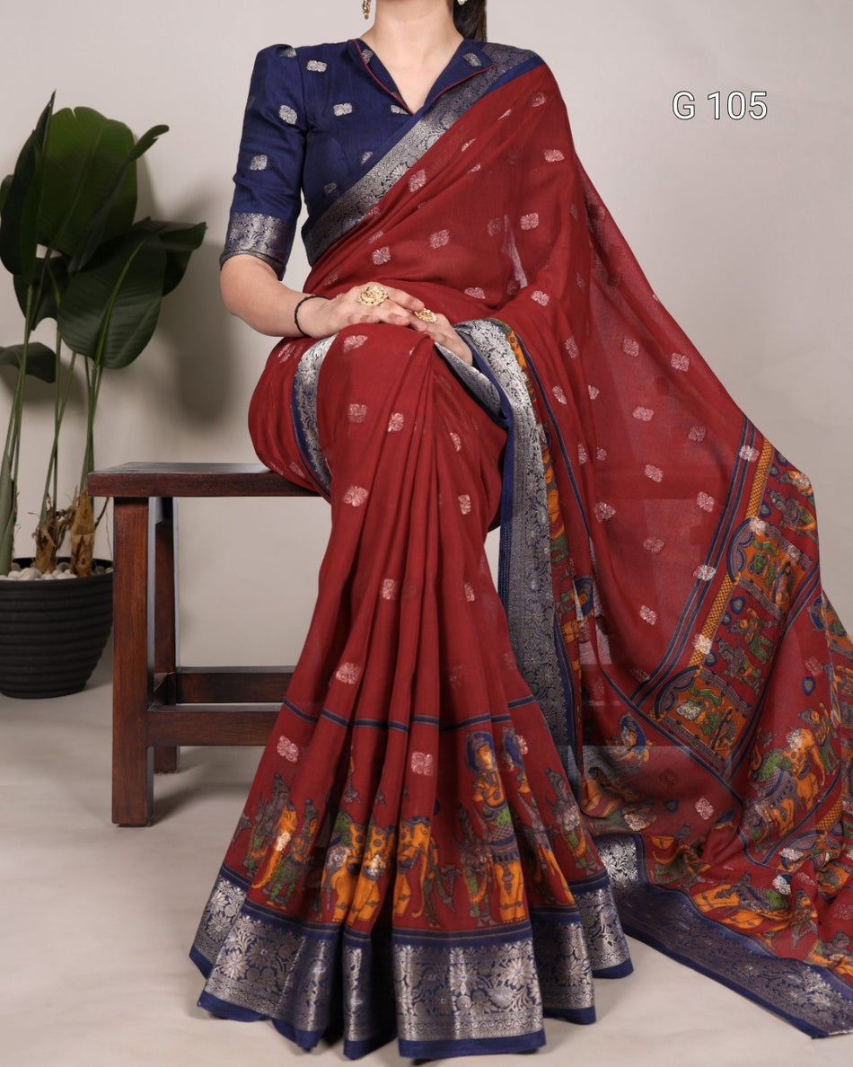 Poly Cotton Saree with Kalamkari Print & Zari Weaving Work – G105