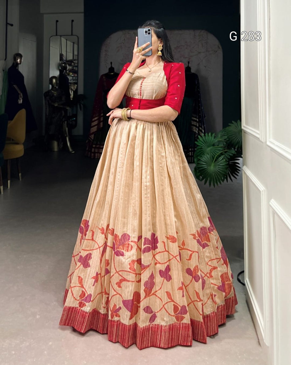 Printed Green Silk Gown with Sequins & Thread Embroidery Koti – G 283