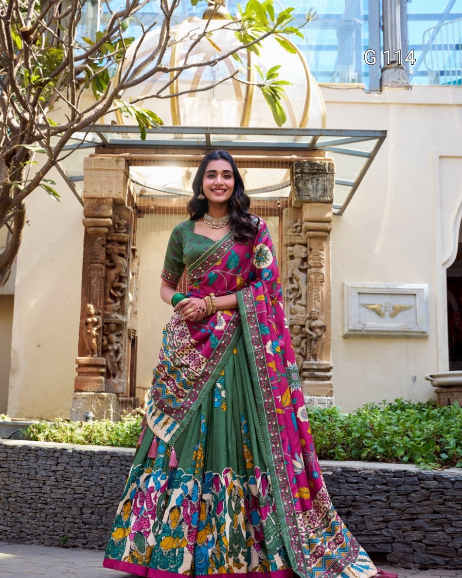 Tussar Silk Lehenga with Foil Work & Kalamkari Print Dupatta – 114